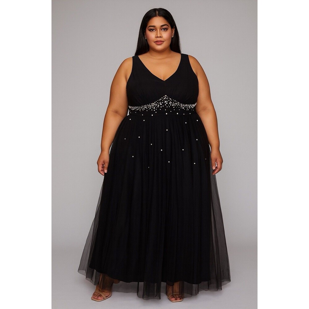 Black Beaded Pearl Details Whimsygoth Grunge V-Neck Sheer Maxi Dress Women Sz 3X